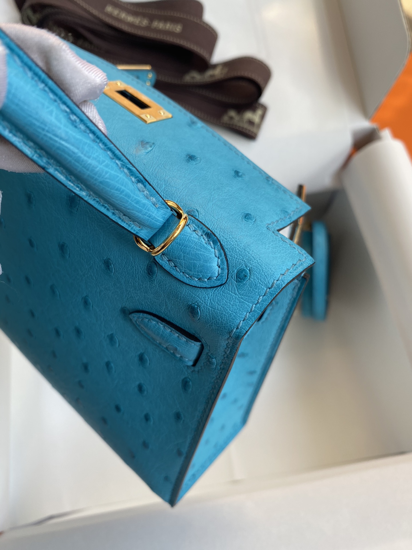 Hermes Kelly Mini II Bag 19CM In Blue Lagon Ostrich Leather